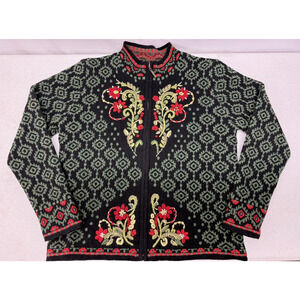 Vtg NORTH STYLE Womens Small Black Wool Blend Floral Accent Zip Cardigan Sweater